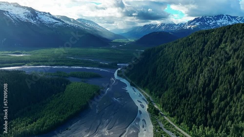 Dramatic Aerial View Of Resurrection River With Dense Forest And Glacier Near Seward, Alaska. photo
