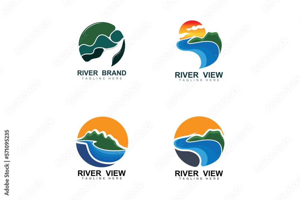 Fototapeta premium River Logo Design, River Creek Vector, Riverside Illustration With A Combination Of Mountains And Nature, Product Brand
