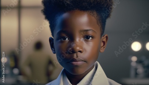 Empowering Children in the Workplace: Celebrating Diversity, Equity, and Inclusion (DEI) in the Industry with African American boy as a Cosmetologist (black) (generative AI)