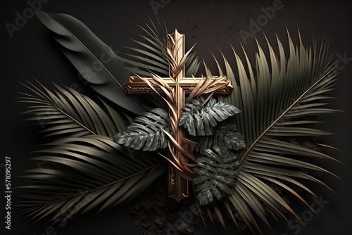 Fototapeta Christian cross with PALM leaf, 3d art style with natural color, palm sunday pos