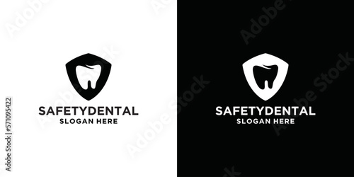 Tooth and shield vector logo combination. Gear and safety symbol or icon. Dentist and guard design template for unique safety.