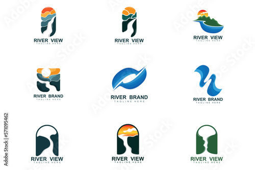 River Logo Design, River Creek Vector, Riverside Illustration With A Combination Of Mountains And Nature, Product Brand