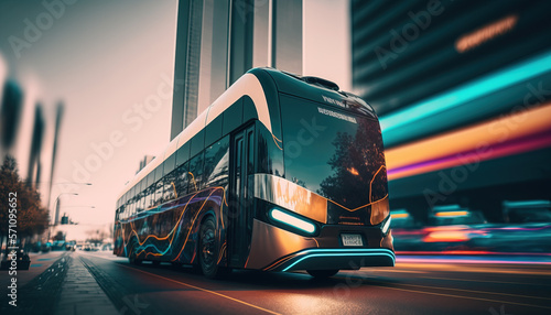 Autonomous Bus. Future, futuristic. Public Transportation. Sustainable City. City Bus. Generative AI. photo