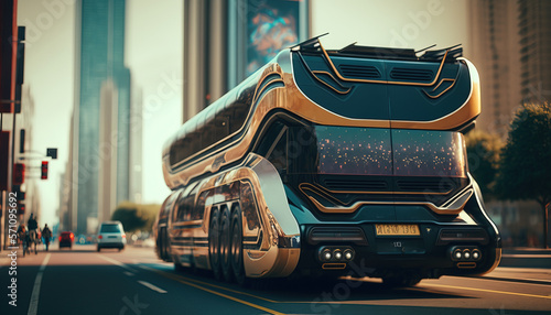 Autonomous Bus. Future, futuristic. Public Transportation. Sustainable City. City Bus. Generative AI. photo