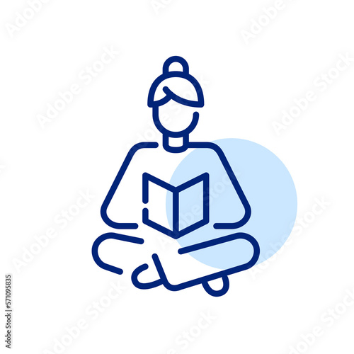 Woman sitting with legs crossed reading a book or magazine. Pixel perfect, editable stroke icon