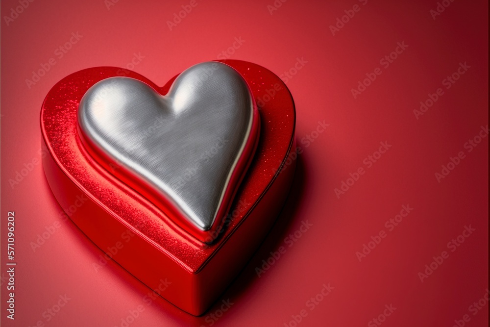 valentines day , silver heart on solid red background with Generative AI valentines day , silver heart on solid red background with Generative AI