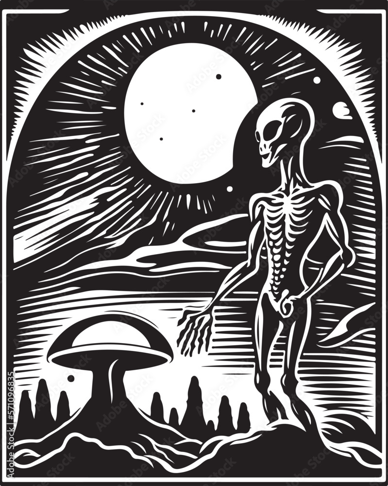 Beautiful and mysterious linocut art or colouring page of an alien made ...