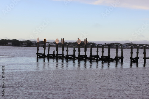 Birds on the abandoned pier off the beach in Florida at sunset