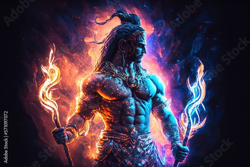 Obraz na plátně Generative AI Hindu god Shiva, Colorful indian hindu God Shiva hand holding Trident