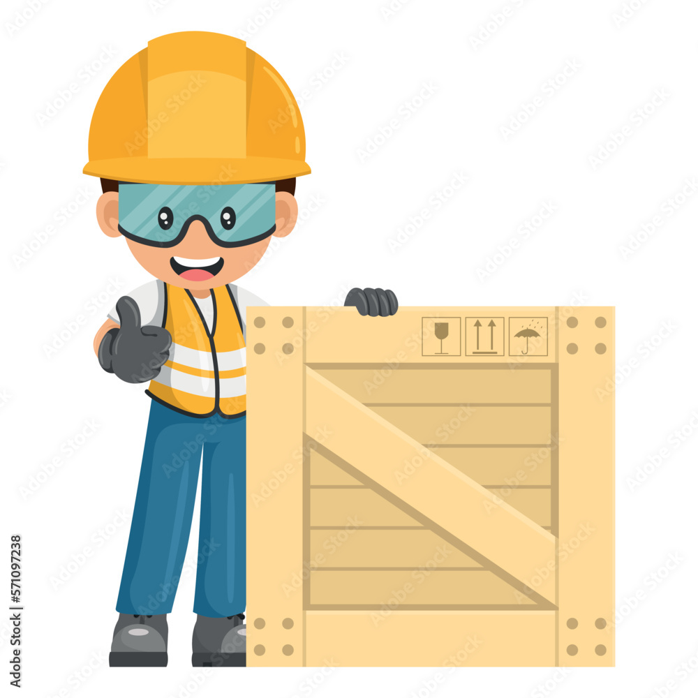 Industrial worker with thumb up with wooden box on pallet for delivery, storage and shipping. Industrial safety and occupational health at work Industrial worker with thumb up with wooden box on pallet for delivery, storage and shipping. Industrial safety and occupational health at work