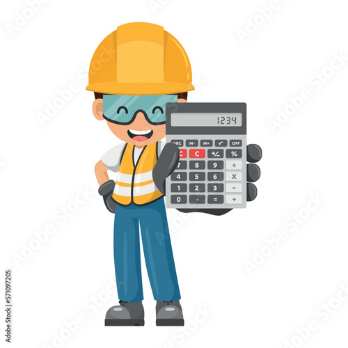 Industrial worker with calculator in hand for financial analysis, accounting and budget calculation of a construction site. Industrial safety and occupational health at work