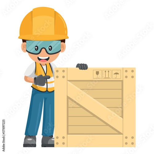 Industrial worker with wooden box on pallet for delivery, storage and shipping. Industrial safety and occupational health at work