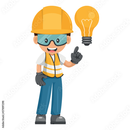 Industrial worker with light bulb. Creative concept for the generation of ideas. Industrial safety and occupational health at work