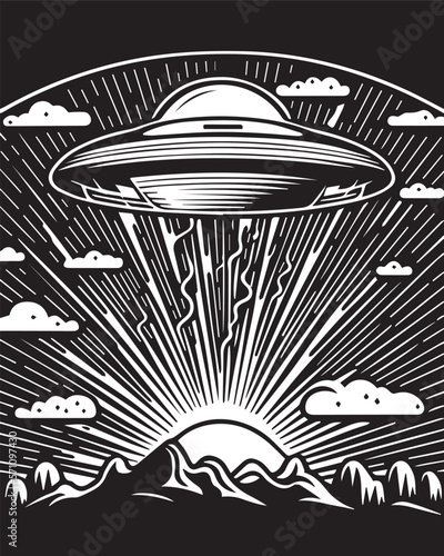 UFO flying above the mountains colouring page or print art frame vector illustration