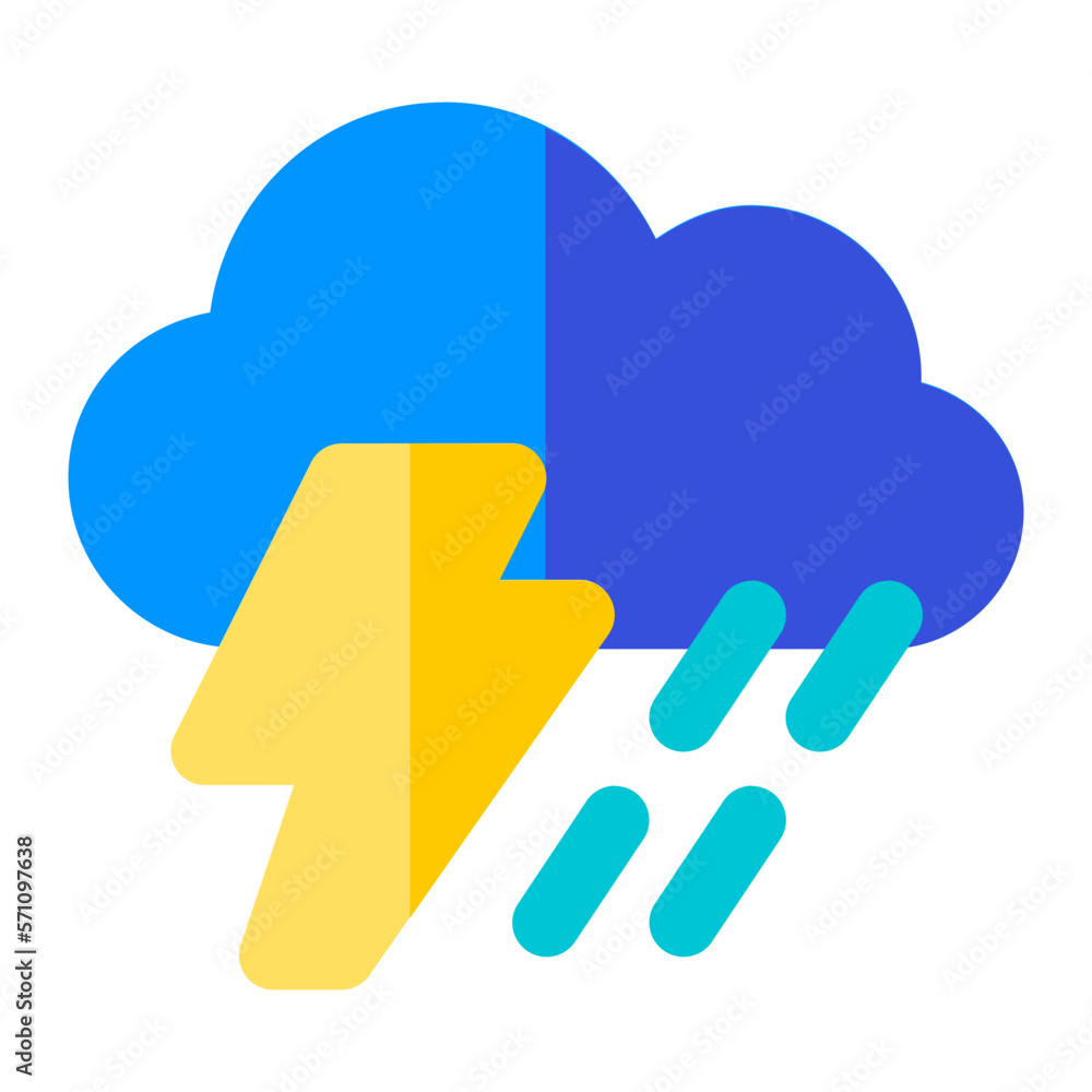 Cloud with thunder and rain drop in flat icon. Heavy rain, storm, thunderstorm, rainstorm, weather, forecast