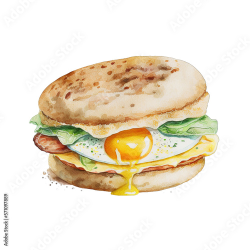 Egg McMuffin, American Breakfast, Food, Watercolor Mockup - Generative AI photo