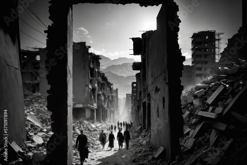 The ruins of a city after an earthquake people wandering, terremoto, pray turkey, GENERATIVE AI