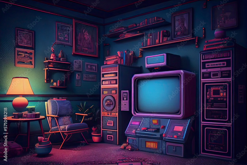 Awesome gaming setup from the 80-s. Retro gaming concept. Vintage retro room for entertainment Awesome gaming setup from the 80-s. Retro gaming concept. Vintage retro room for entertainment