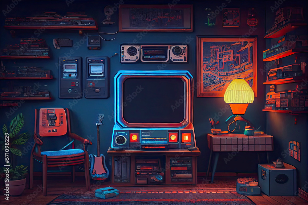 Awesome gaming setup from the 80-s. Retro gaming concept. Vintage