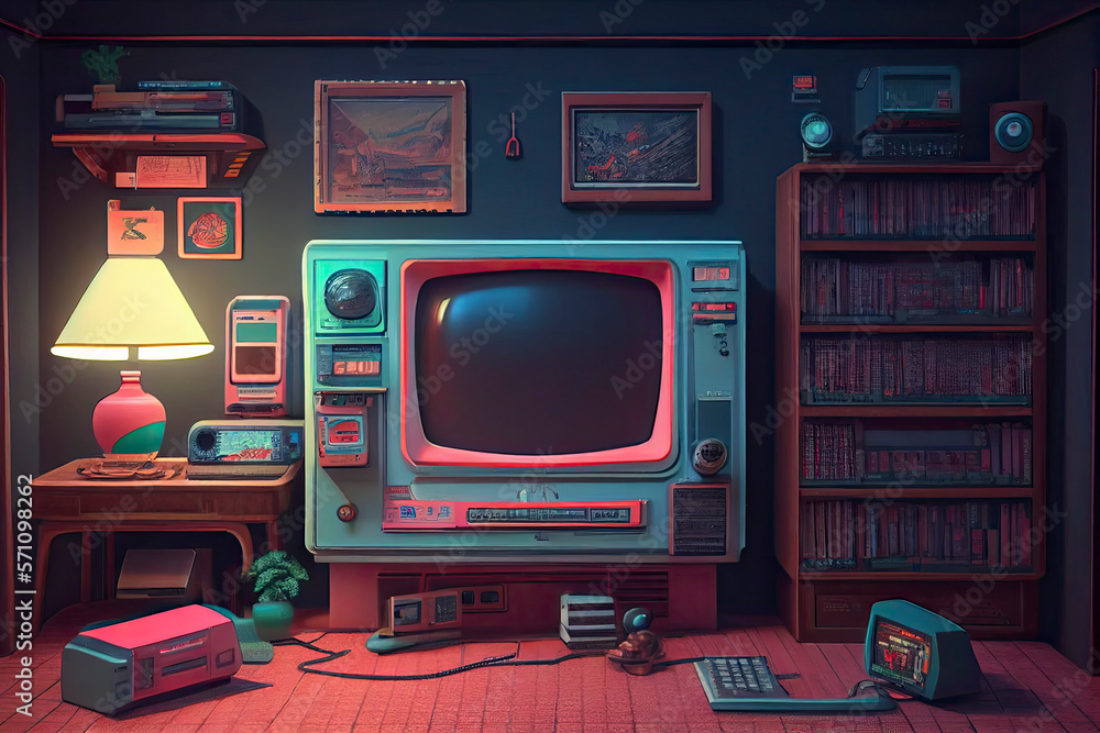 Awesome gaming setup from the 80s. Retro gaming concept. Vintage retro room for entertainment