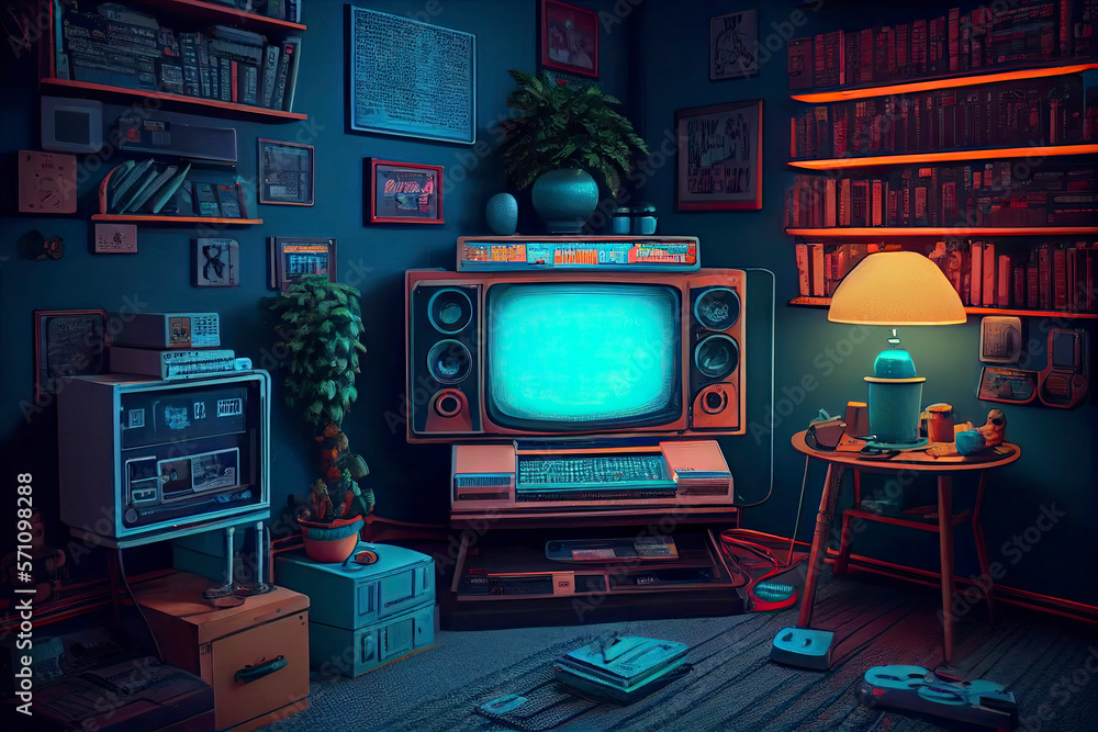 Awesome gaming setup from the 80-s. Retro gaming concept. Vintage retro  room for entertainment. Greatest interior ever. Generative AI. Stock  Illustration