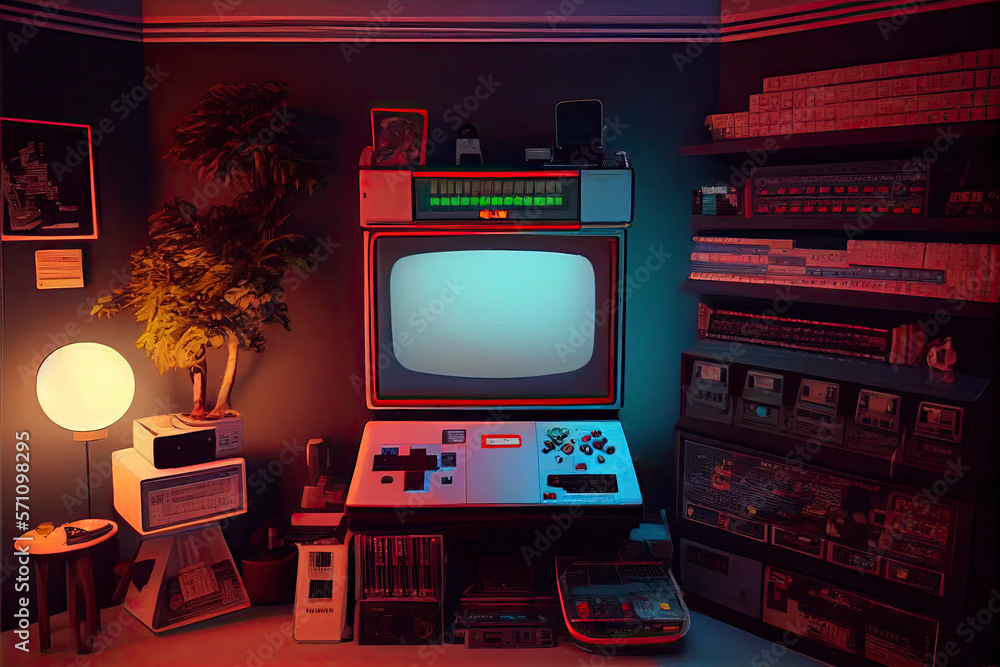 Awesome gaming setup from the 80-s. Retro gaming concept. Vintage retro room for entertainment Awesome gaming setup from the 80-s. Retro gaming concept. Vintage retro room for entertainment