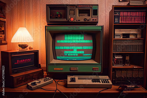 Awesome gaming setup from the 80-s. Retro gaming concept. Vintage retro room for entertainment © surassawadee