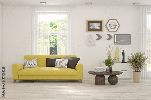 White living room with sofa and summer landscape in window. Scandinavian interior design. 3D illustration