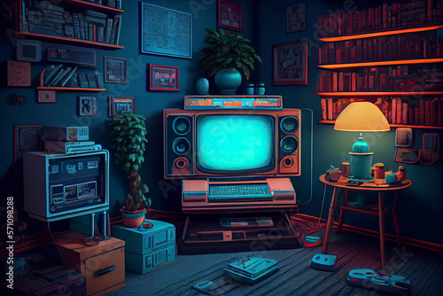 Awesome gaming setup from the 80-s. Retro gaming concept. Vintage retro room for entertainment
