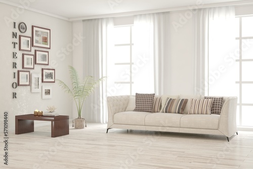 Modern living room in white color with sofa. Scandinavian interior design. 3D illustration