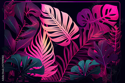 tropical and palm leaves in the dark illuminated with pink neon. Neon background with tropical leaves
