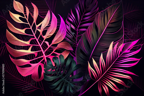 tropical and palm leaves in the dark illuminated with pink neon. Neon background with tropical leaves