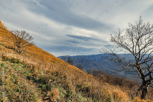 The slope of the mountain with dry grass. Mountain landscape with beautiful Caucasian nature. View from a great height in a picturesque place of the Caucasus. Caucasian mountain landscape.
