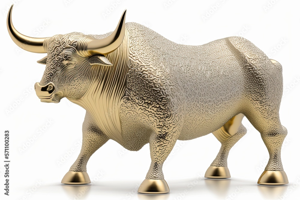 Fototapeta premium AI-generated illustration of a sculpture of a bull, made of precious metals. MidJourney.