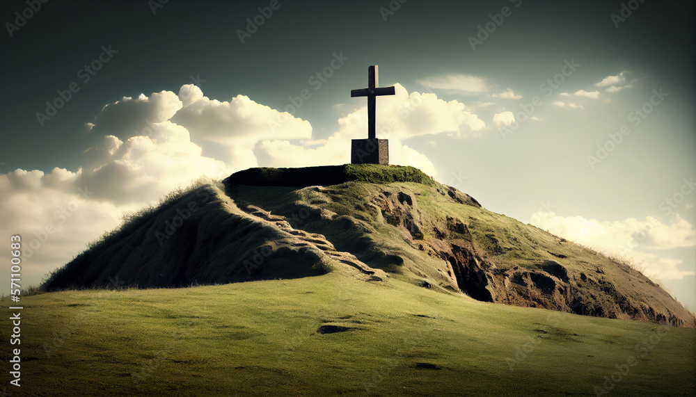 Cristian cross on top of a green hill with dramatic skies, Generative AI.