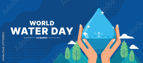 world water day - Hands hold blue drop water with drop water fall splash and mountain trees around on blue background vector design