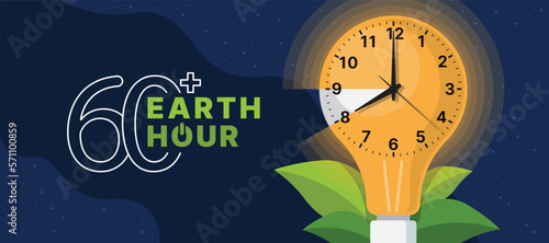 60 minutes plu,s Earth hour - Light bulb with the lights go out between 8 to 9 pm and leafs around on dark night background vector design