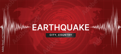 Earthquake concept with Earthquake city country text between white light line Frequency seismograph waves cracked on map world with Circle Vibration texture and red dark background Vector design photo