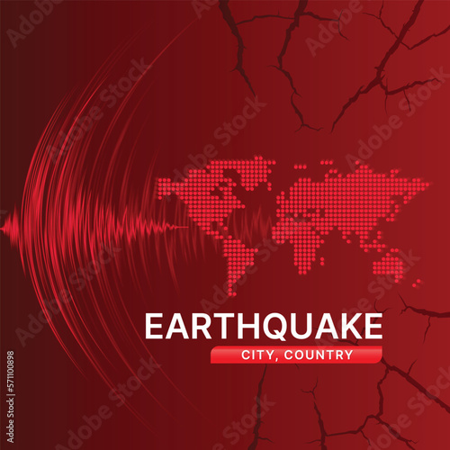 Earthquake concept with Earthquake city country text on red light curve line Frequency seismograph waves cracked and dot map world on dark red texture wall Crack background Vector illustration design