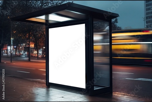 Vertical blank white billboard at bus stop on city street. Mockup. Banner billboard mockup for advertising in city useful for design. Generative AI