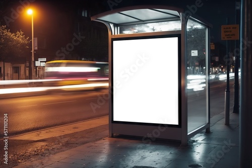 Vertical blank white billboard at bus stop on city street. Mockup. Banner billboard mockup for advertising in city useful for design. Generative AI