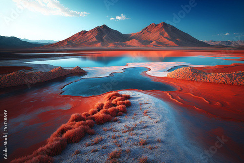 Red Volcanic Mountains And Blue Salt Lakes With A Beautiful natural backdrop photo
