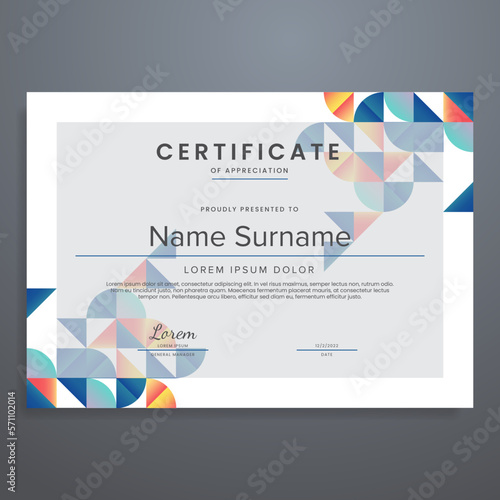 Certificate template with modern geometric abstract border, can be used for appreciation, diploma, award, attendance, etc.