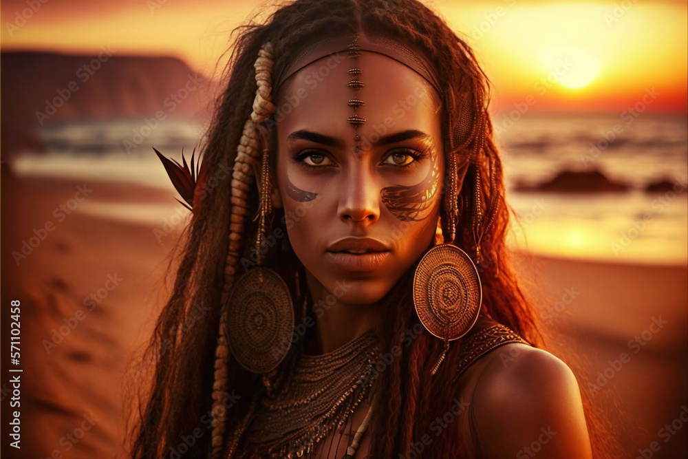 Beautiful young tribal style woman on the beach, Generative AI Stock