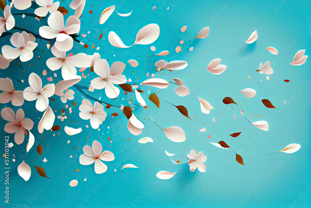 Flying petals on a blue background. Flowers and petals in the wind. Vector background with spring plum or cherry blossom