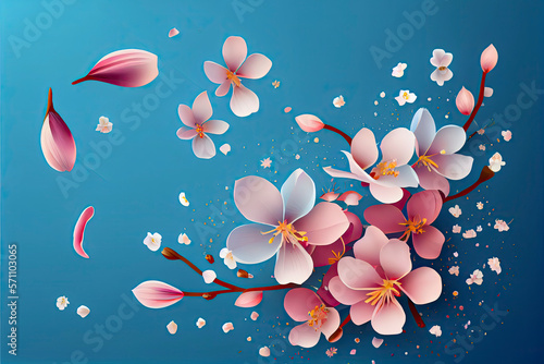 Flying petals on a blue background. Flowers and petals in the wind. Vector background with spring plum or cherry blossom