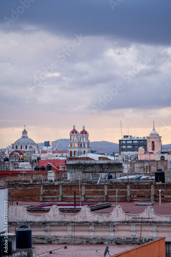 Beautiful panoramic view of the city of Puebla in Mexico. Sunset.