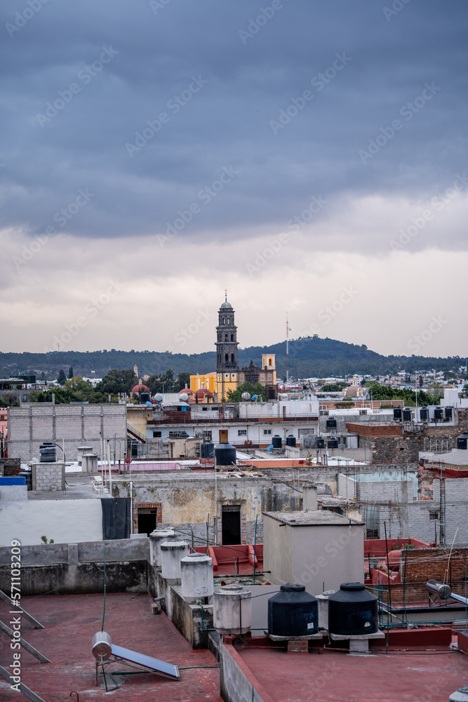 Beautiful panoramic view of the city of Puebla in Mexico. Sunset.