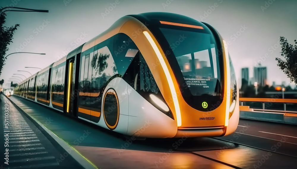 Autonomous Train. Future, futuristic. Public Transportation. Sustainable City. Urban Mobility. Generative AI.
