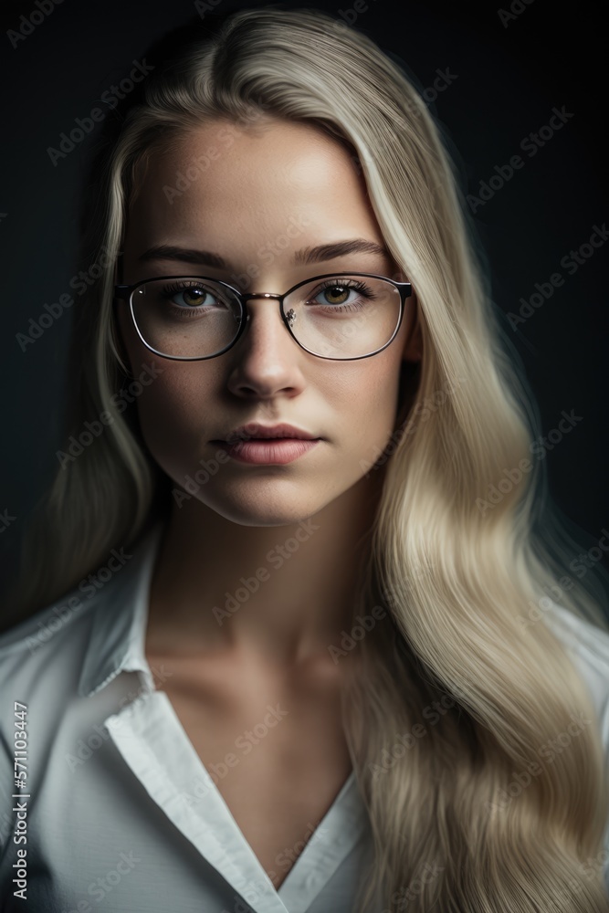 Fototapeta premium Attractive Young woman using eyeglasses wearing a white shirt looking at the camera. Generative AI